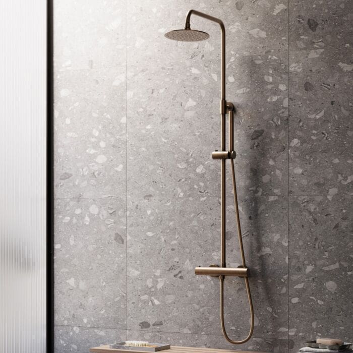 Round opbouw regendouche met 30cm hoofddouche en staafhanddouche verouderd goud